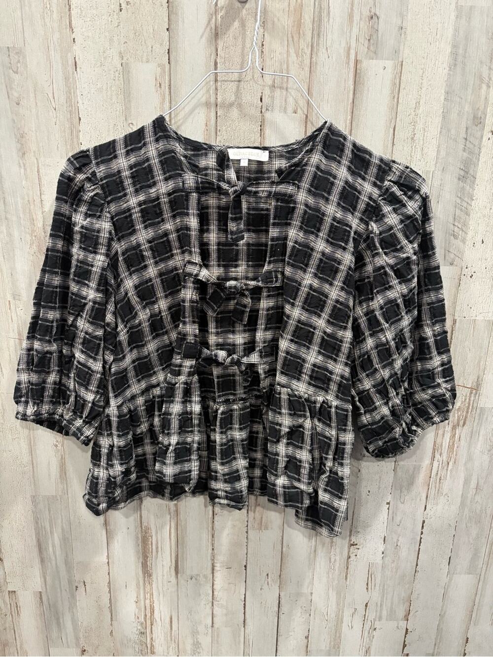 Olivaceous Black and White Plaid Blouse Bow Front Ties Coquette Cotton Large